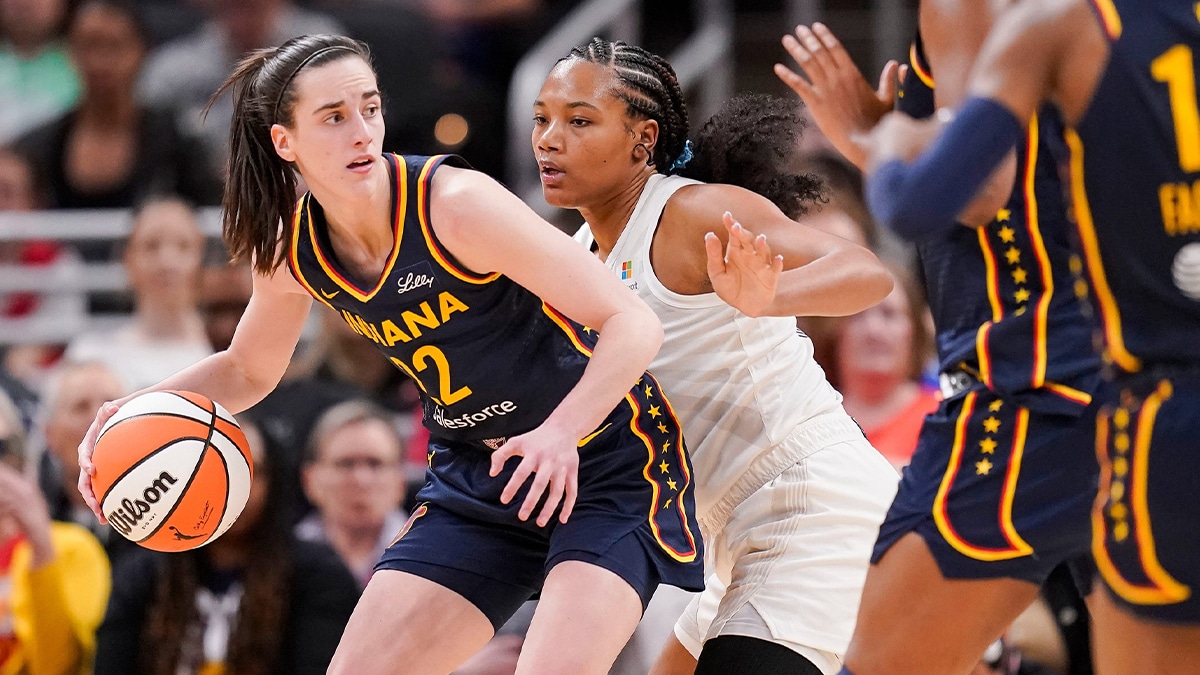 Indiana Fever guard Caitlin Clark (22) rushes up the court Thursday, May 9, 2024, during the preseason game against the Atlanta Dream at Gainbridge Fieldhouse in Indianapolis. The Indiana Fever defeated the Atlanta Dream, 83-80.