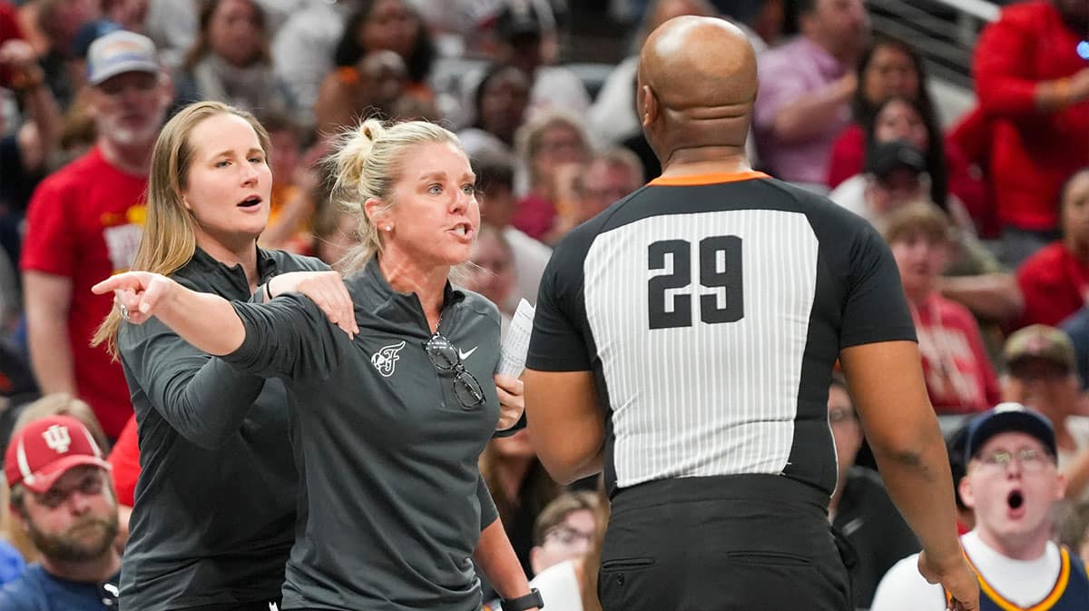 Indiana Fever head coach Christie Sides argues with the referees before receiving a technical foul, Thursday, May 30, 2024, during the WNBA game against the Seattle Storm at Gainbridge Fieldhouse in Indianapolis. The Seattle Storm defeated the Indiana Fever 103-88.