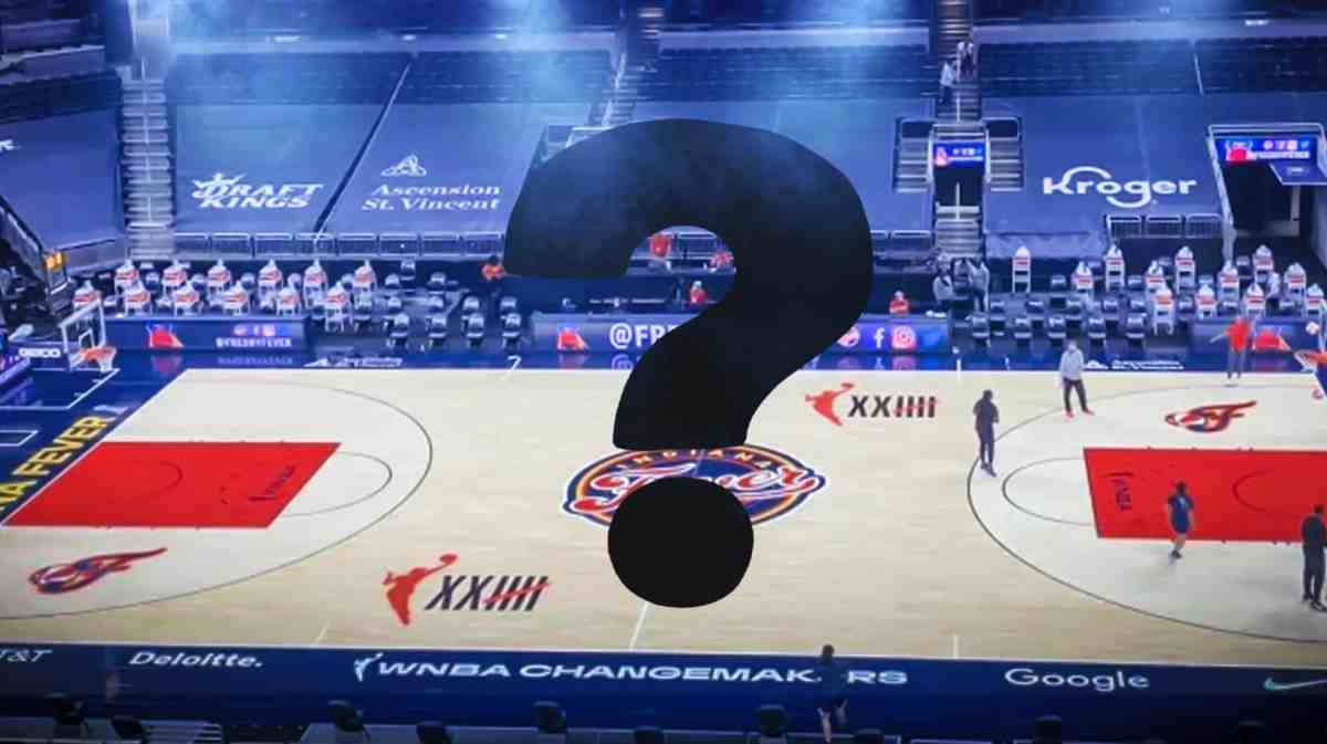Gainbridge Fieldhouse court with a big question mark over where the floorboards should be.