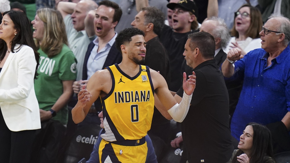 May 21, 2024; Boston, Massachusetts, USA; Indiana Pacers guard Tyrese Haliburton (0) reacts after missing a three point attempt against the Boston Celtics in the fourth quarter during game one of the eastern conference finals for the 2024 NBA playoffs at TD Garden. Mandatory Credit: David Butler II-USA TODAY Sports