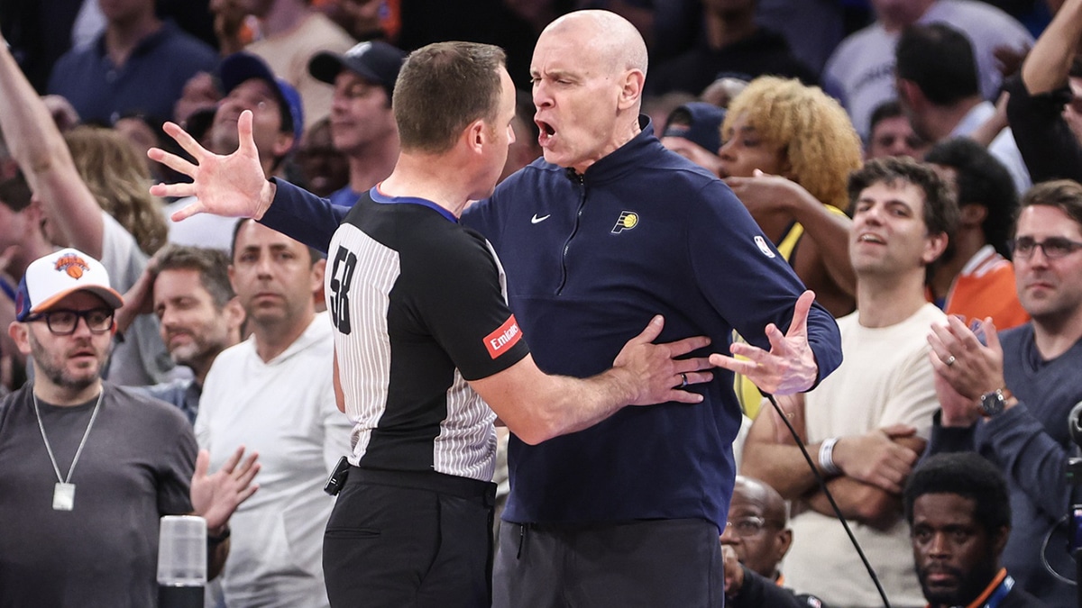 May 8, 2024; New York, New York, USA; Indiana Pacers head coach Rick Carlisle argues with an official in the fourth quarter against the New York Knicks during game two of the second round for the 2024 NBA playoffs at Madison Square Garden. Mandatory Credit: Wendell Cruz-USA TODAY Sports