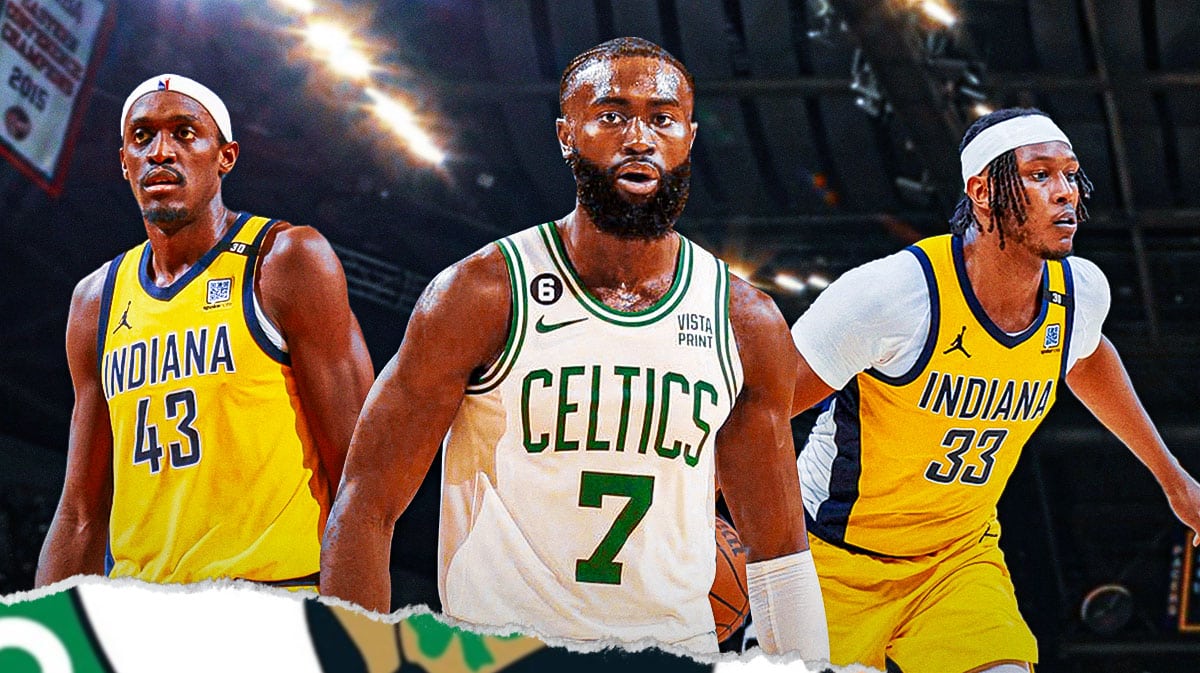 Jaylen Brown with Pascal Siakam and Myles Turner in background