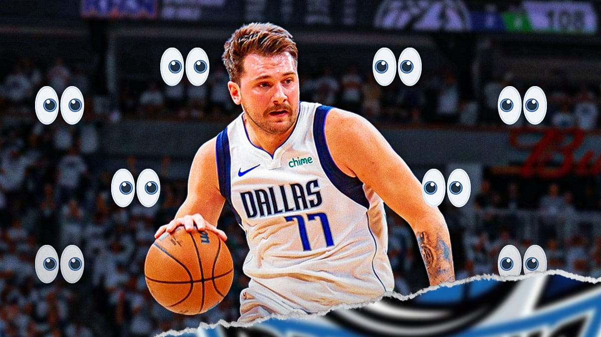 Mavericks' Luka Doncic dribbling a basketball. Place the eyes emoji all around Luka looking at him.