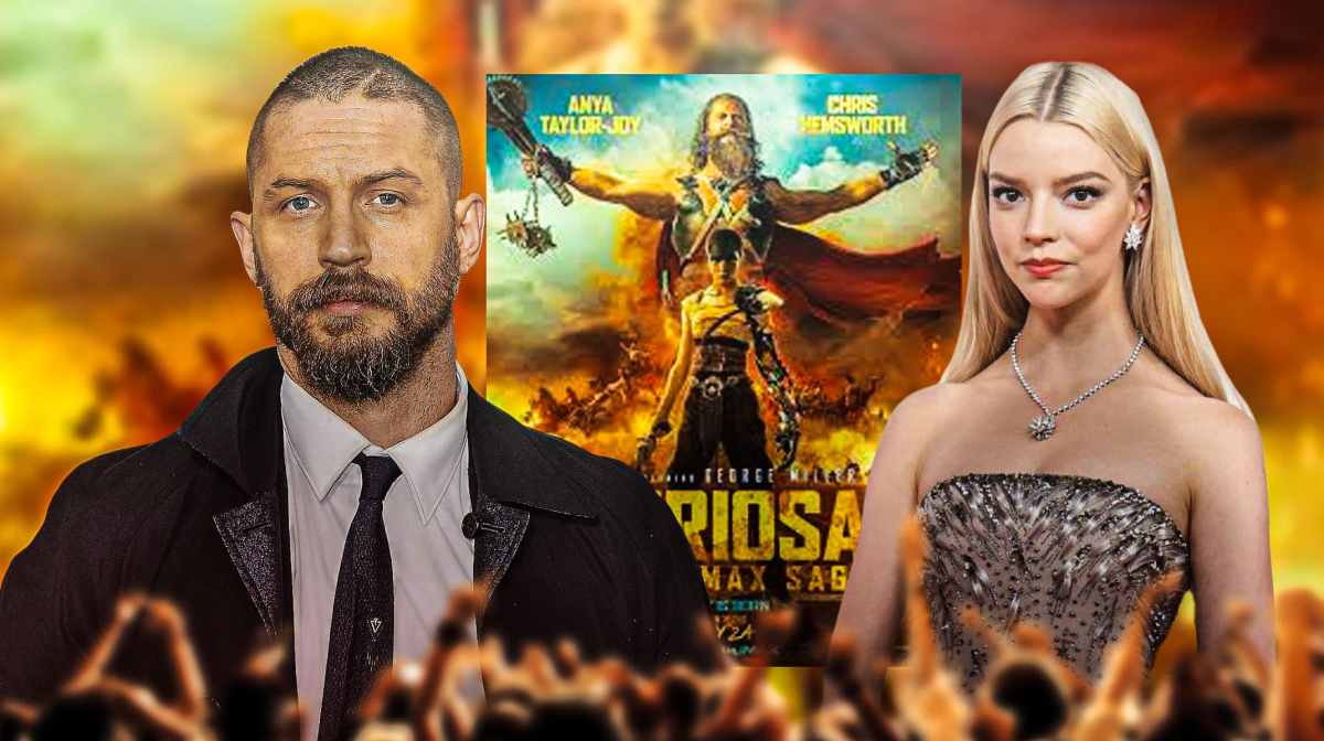 Tom Hardy and Anya Taylor-Joy with Furiosa: A Mad Max Saga poster.