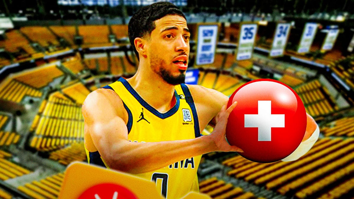Tyrese Haliburton (Pacers) shooting a ball but SWAP the ball with medical cross symbol