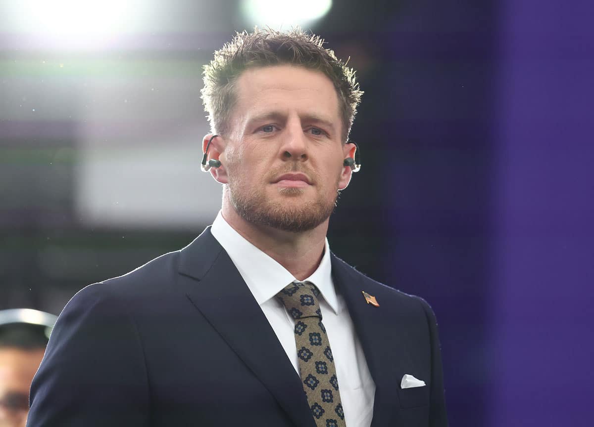 CBS analyst J.J. Watt on the field before Super Bowl LVIII between the Kansas City Chiefs and the San Francisco 49ers at Allegiant Stadium.