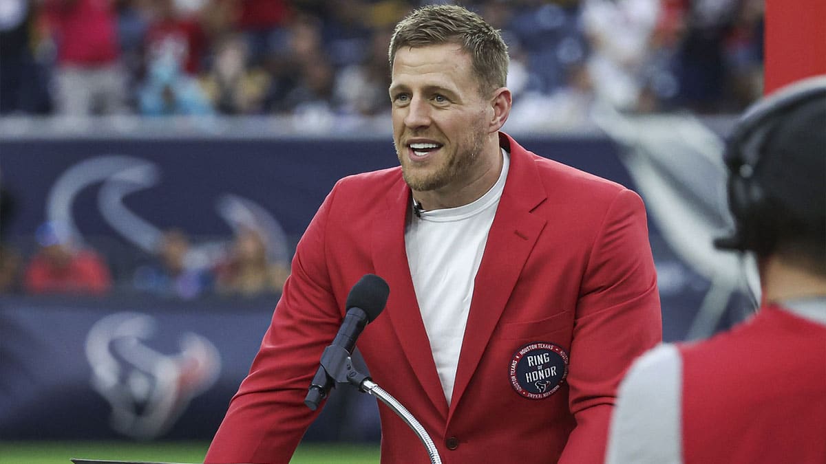 Former Houston Texans player J.J. Watt speaks to the crowd after being inducted into the Texans Ring of Honor during the game against the Pittsburgh Steelers at NRG Stadium.