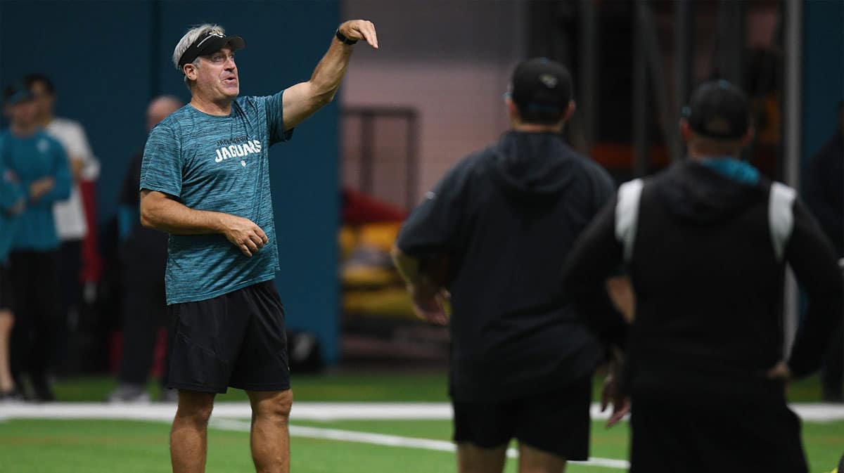 Jacksonville Jaguars Head Coach Doug Pederson on the field during Friday's rookie minicamp session. The Jacksonville Jaguars held their first day of rookie minicamp inside the covered field at the Jaguars performance facility