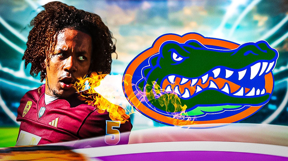Former Florida football recruit Jaden Rashada breathing fire at Florida football logo.