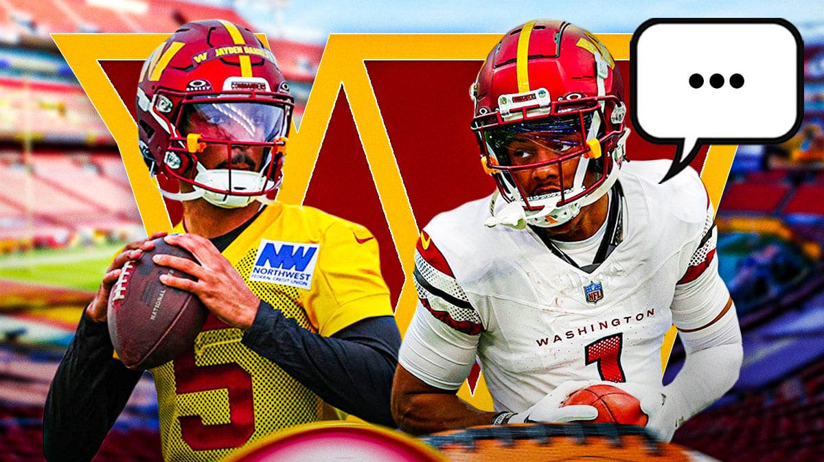 Washington Commanders QB Jayden Daniels with wide receiver Jahan Dotson. Dotson has a speech bubble with the three dots text message symbol inside. They are next to a logo of the Washington Commanders.