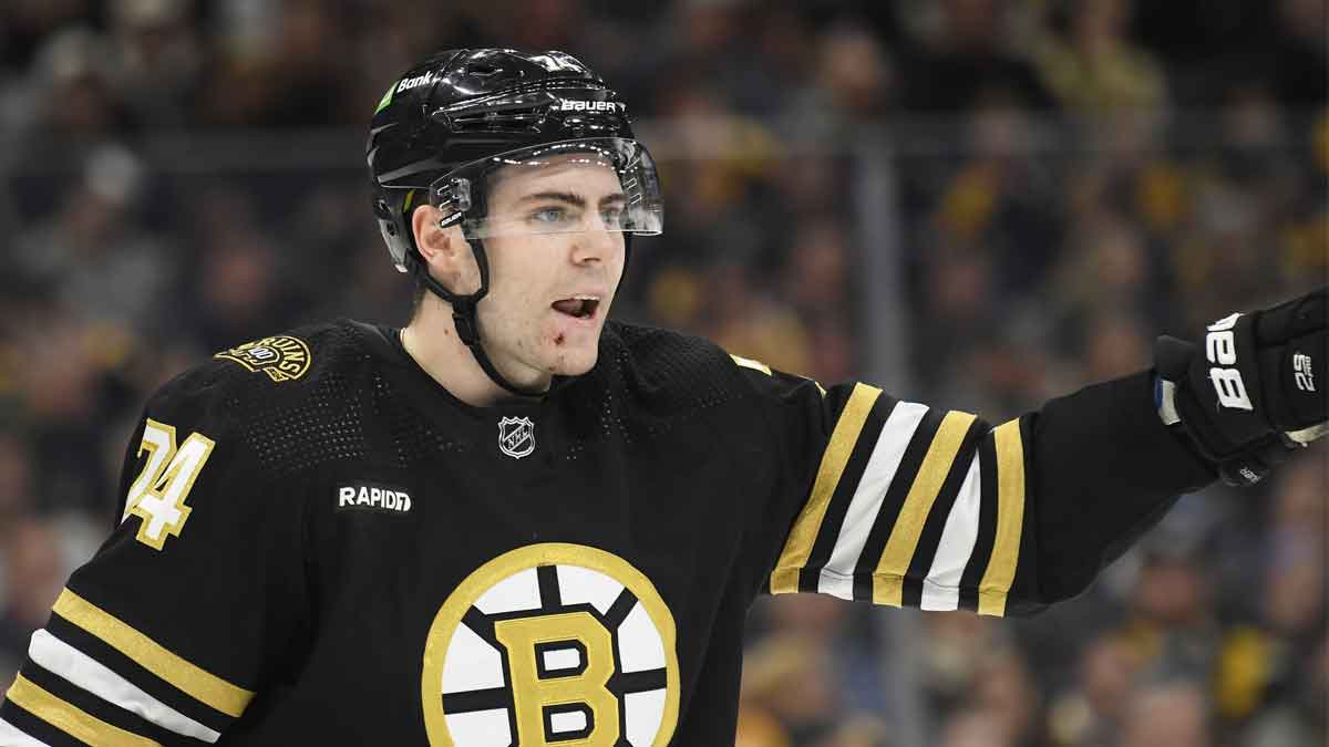 Boston Bruins left wing Jake DeBrusk (74) tries to get the attention of his line mates during the second period against the Colorado Avalanche at TD Garden.