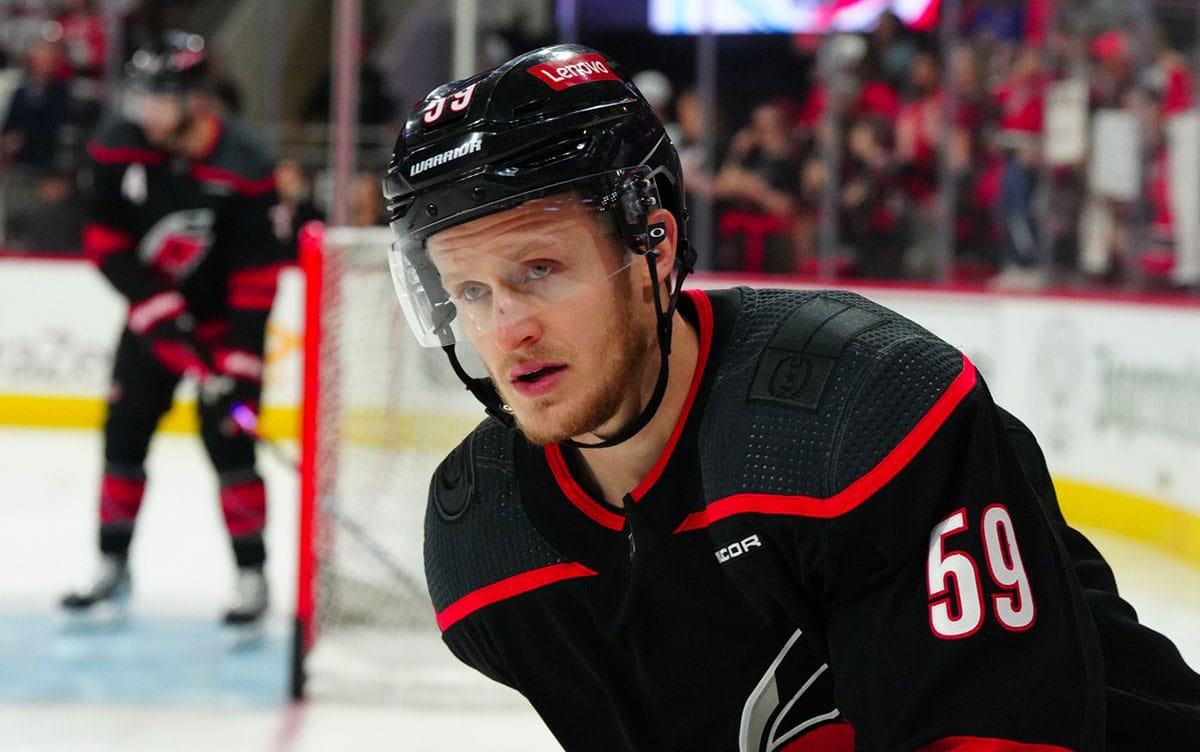 Carolina Hurricanes center Jake Guentzel (59) skates during warmups before game four against the New York Rangers in the second round of the 2024 Stanley Cup Playoffs in at PNC Arena.