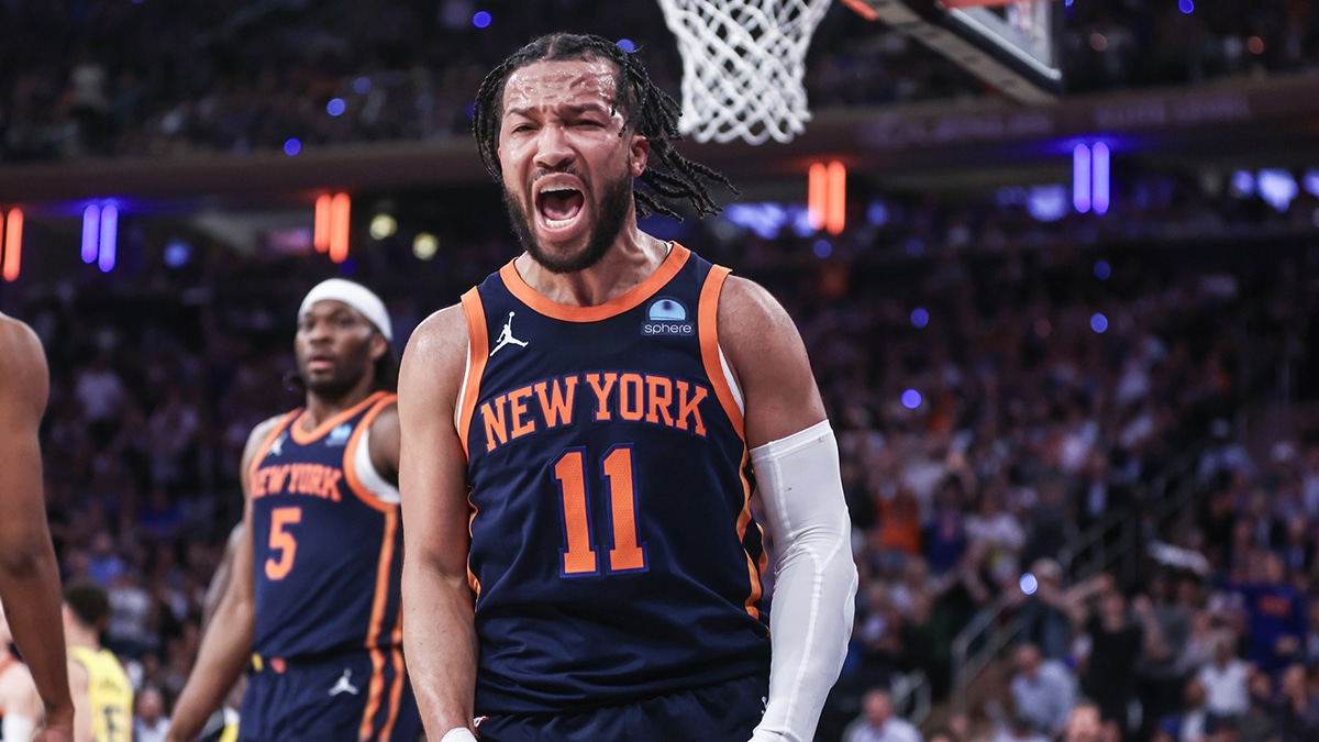 New York Knicks guard Jalen Brunson (11) celebrates in the fourth quarter after scoring against the Indiana Pacers during game two of the second round for the 2024 NBA playoffs at Madison Square Garden.