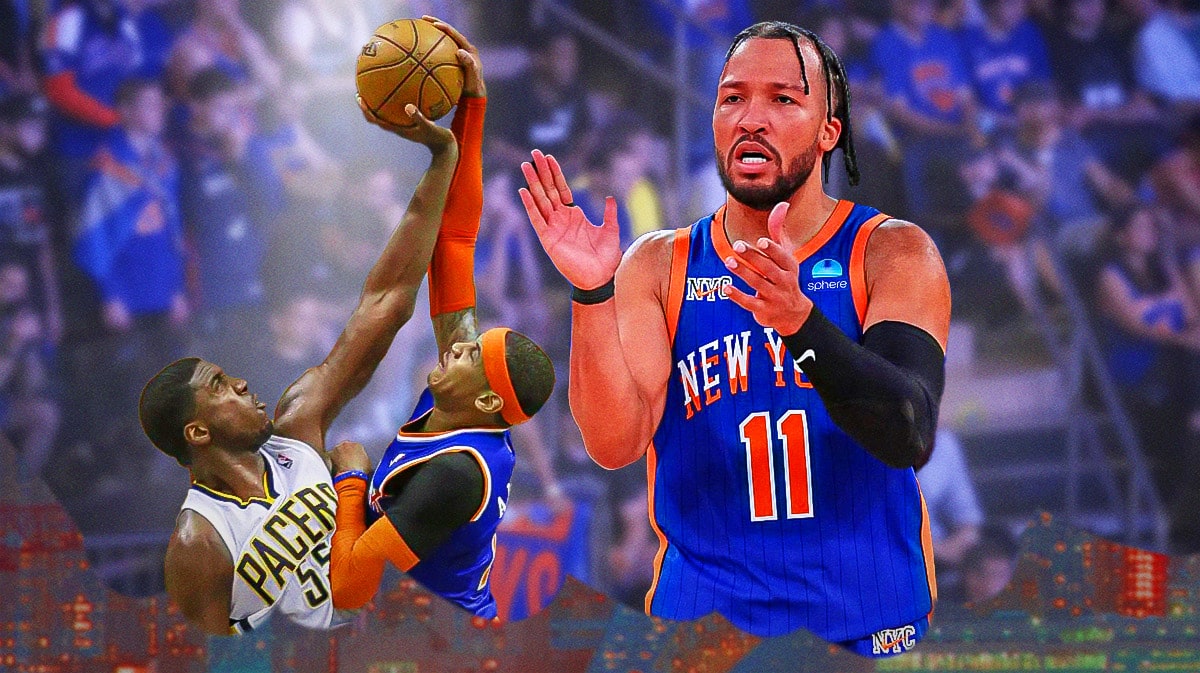 Knicks' Jalen Brunson hyped up, with Carmelo Anthony (2013 Knicks version) beside him getting blocked by Roy Hibbert