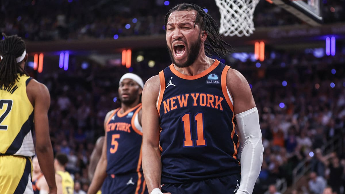 New York Knicks guard Jalen Brunson (11) celebrates in the fourth quarter after scoring against the Indiana Pacers during game two of the second round for the 2024 NBA playoffs at Madison Square Garden 