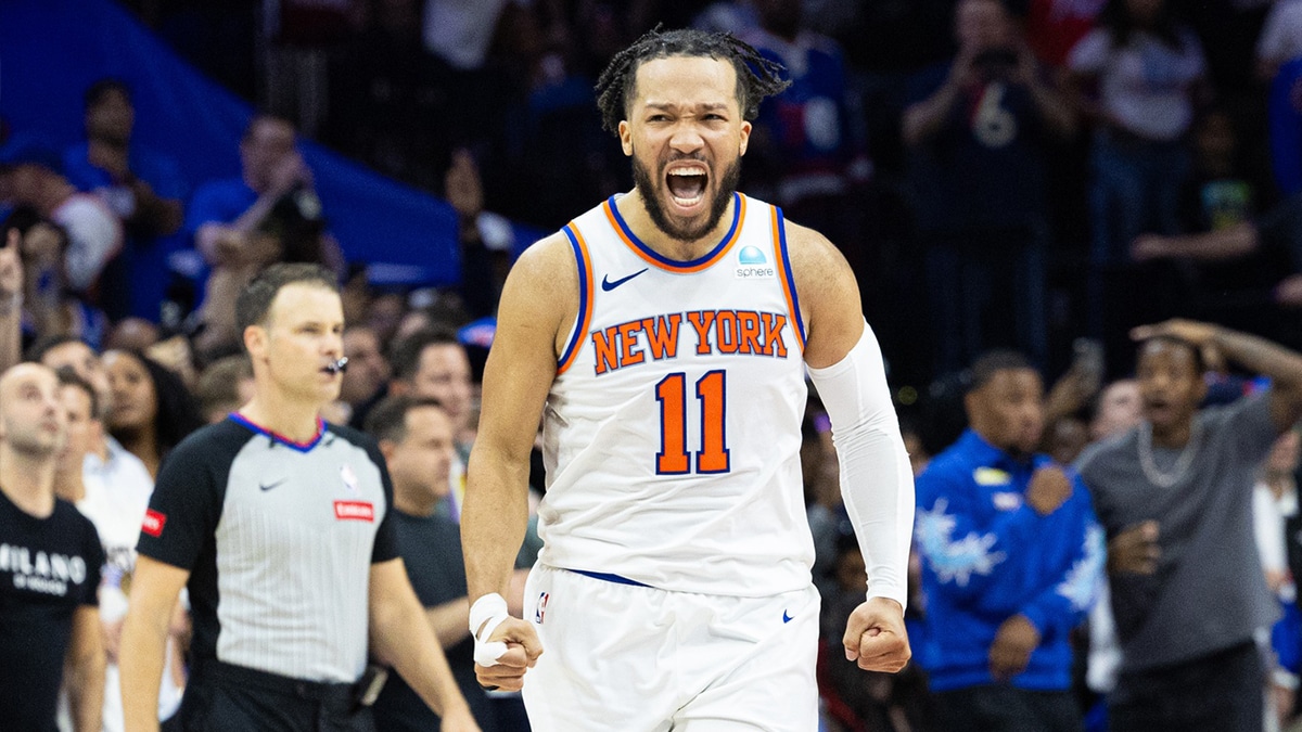 New York Knicks guard Jalen Brunson (11) reacts after a score against the Philadelphia 76ers during the second half of game six of the first round for the 2024 NBA playoffs at Wells Fargo Center.
