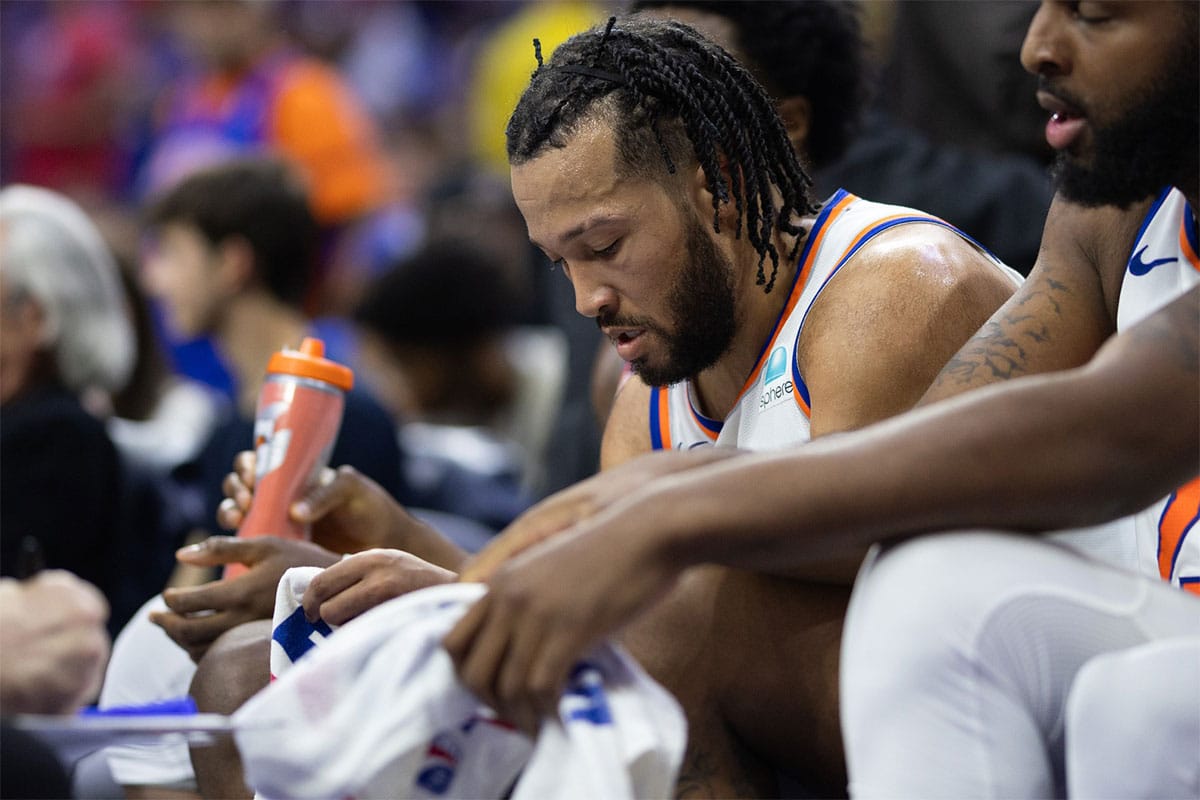 New York Knicks guard Jalen Brunson (11) looks on during a timeout in the second half against the Philadelphia 76ers in game six of the first round for the 2024 NBA playoffs at Wells Fargo Center.
