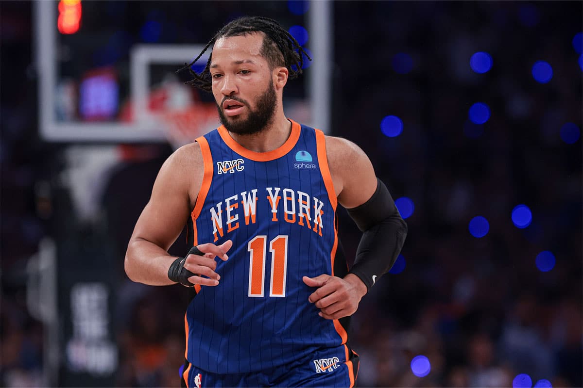 New York Knicks guard Jalen Brunson (11) runs up court after a basket against the Indiana Pacers during the first half during game five of the second round for the 2024 NBA playoffs at Madison Square Garden.