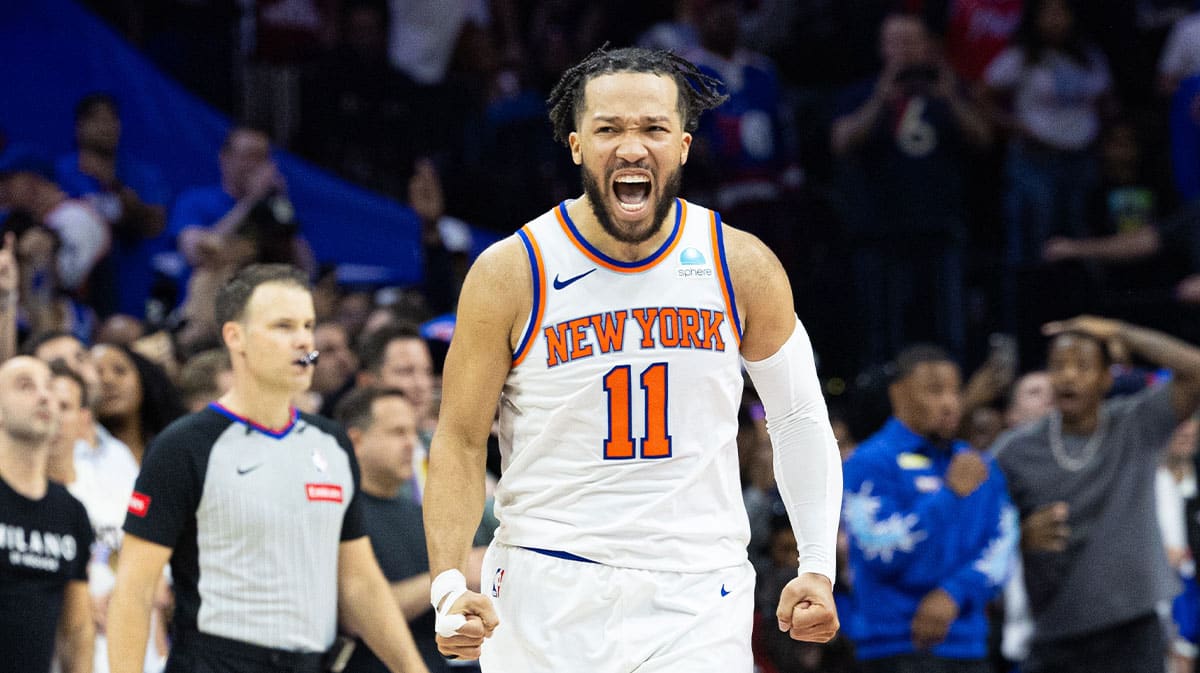 New York Knicks guard Jalen Brunson (11) reacts after a score against the Philadelphia 76ers during the second half of game six of the first round for the 2024 NBA playoffs at Wells Fargo Center