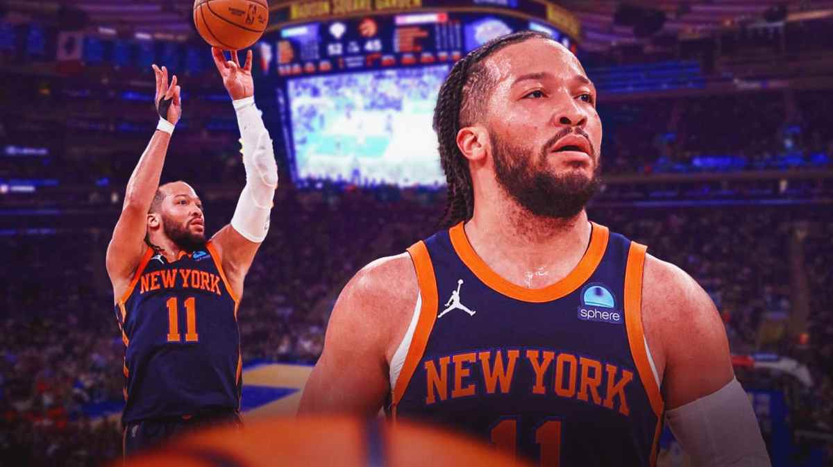 Knicks' Jalen Brunson in front looking serious. In background, Knicks' Jalen Brunson shooting a basketball.