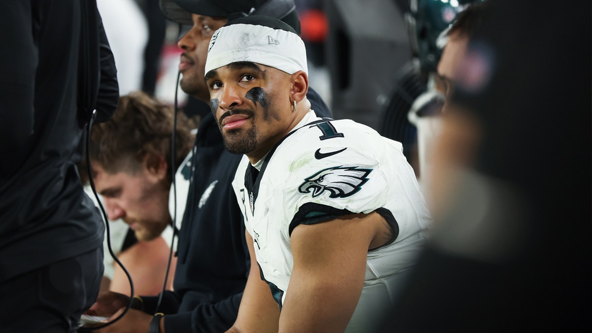 Philadelphia Eagles quarterback Jalen Hurts (1) reacts during the second half of a 2024 NFC wild card game against the Tampa Bay Buccaneers at Raymond James Stadium.