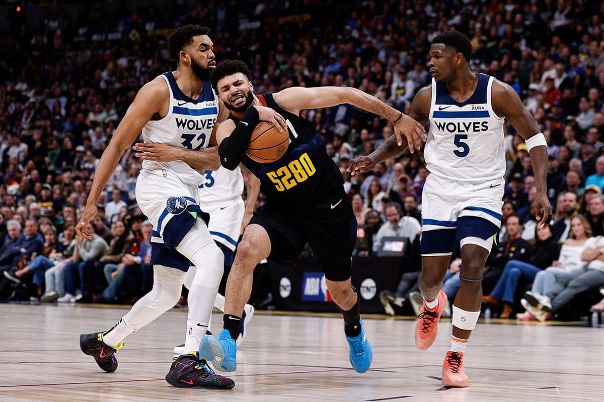 Denver Nuggets player Jamal Murray and Minnesota Timberwolves players Karl-Anthony Towns and Anthony Edwards