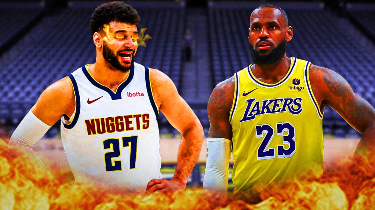 Jamal Murray with fire in his eyes along with LeBron James.