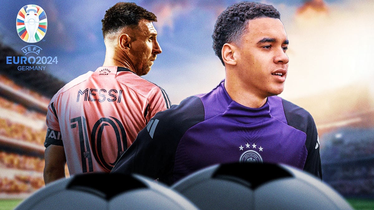 Jamal Musiala and Lionel Messi in front of the Euro 2024 logo