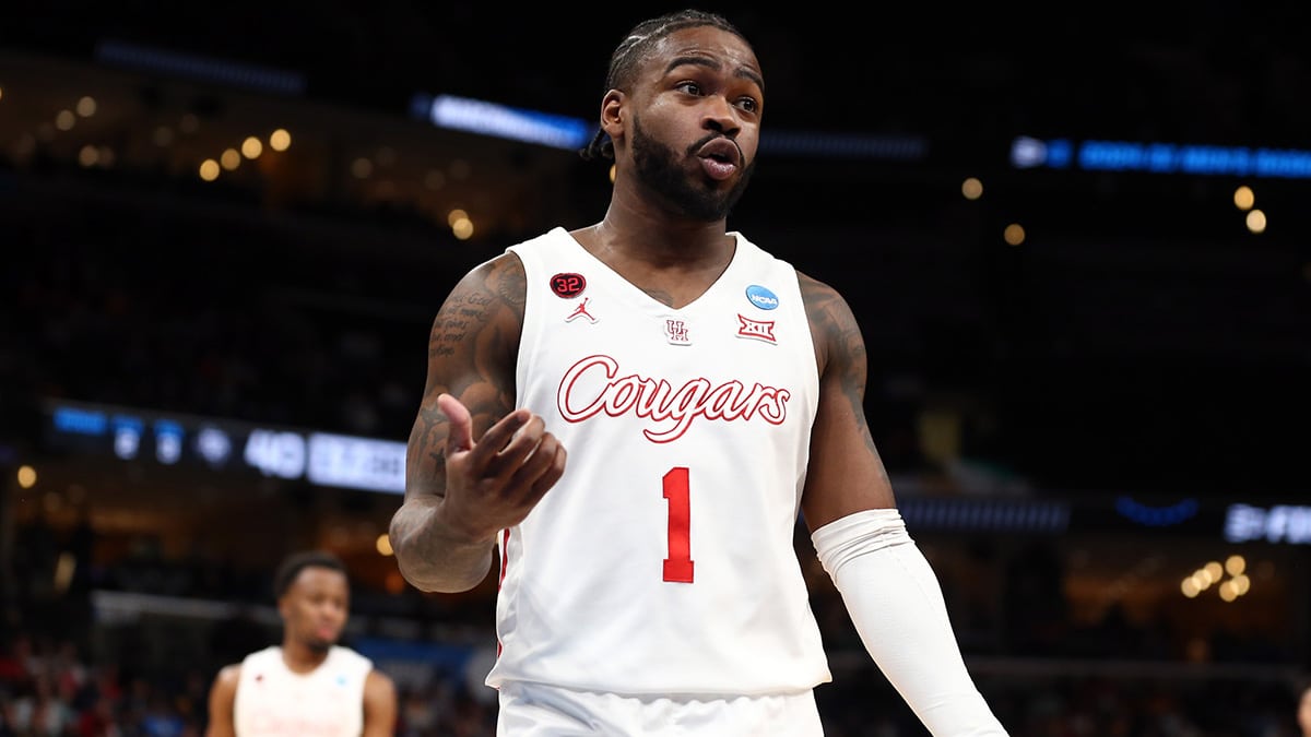 Houston Cougars guard Jamal Shead (1) reacts during the second half against the Texas A&M Aggies in the second round of the 2024 NCAA Tournament at FedExForum.