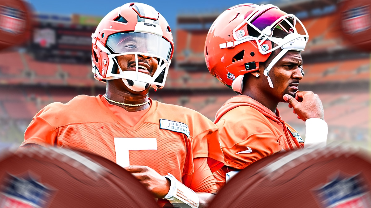Jameis Winston and Deshaun Watson with Browns stadium in background