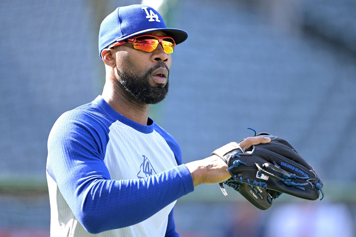 Los Angeles Dodgers right fielder Jason Heyward (23) warms up prior to the game against the Los Angeles Angels at Angel Stadium.