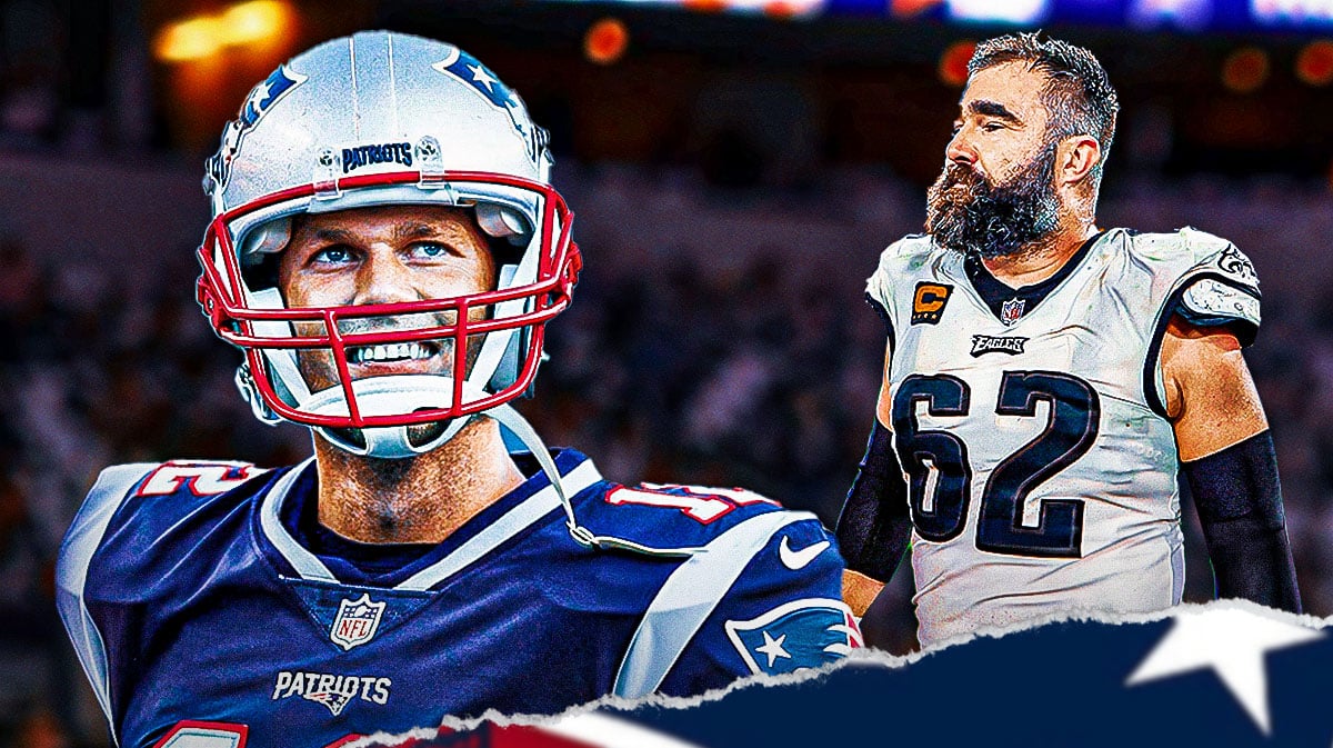 Tom Brady in a Patriots uniform. Jason Kelce. deflated footballs all over.