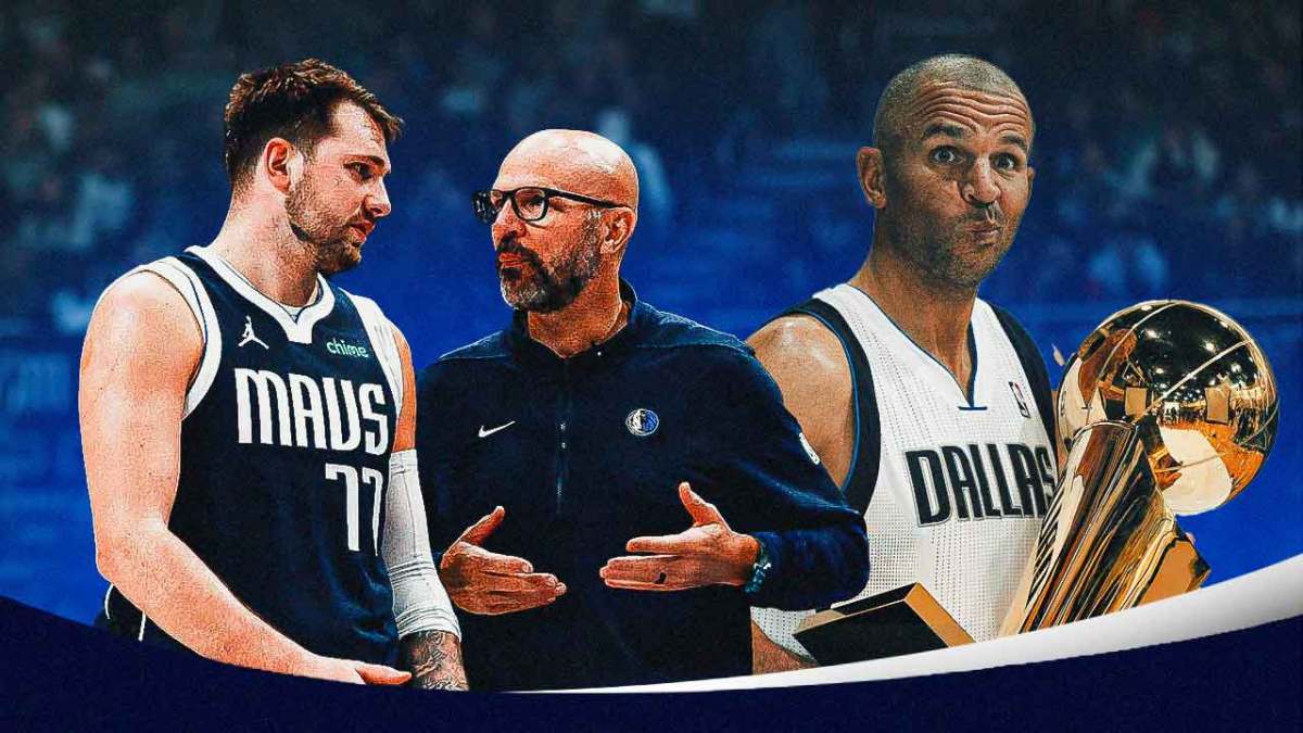 Mavericks' Jason Kidd talking to Luka Doncic on the left, Jason Kidd holding the 2011 NBA championship on the right