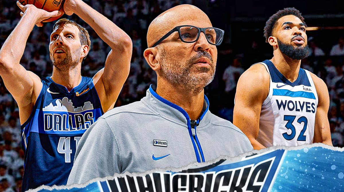 Mavericks' Jason Kidd (2024 image) looking serious in front. On left, need Mavericks' Dirk Nowitzki shooting a basketball. On right, need Timberwolves' Karl-Anthony Towns shooting a basketball.