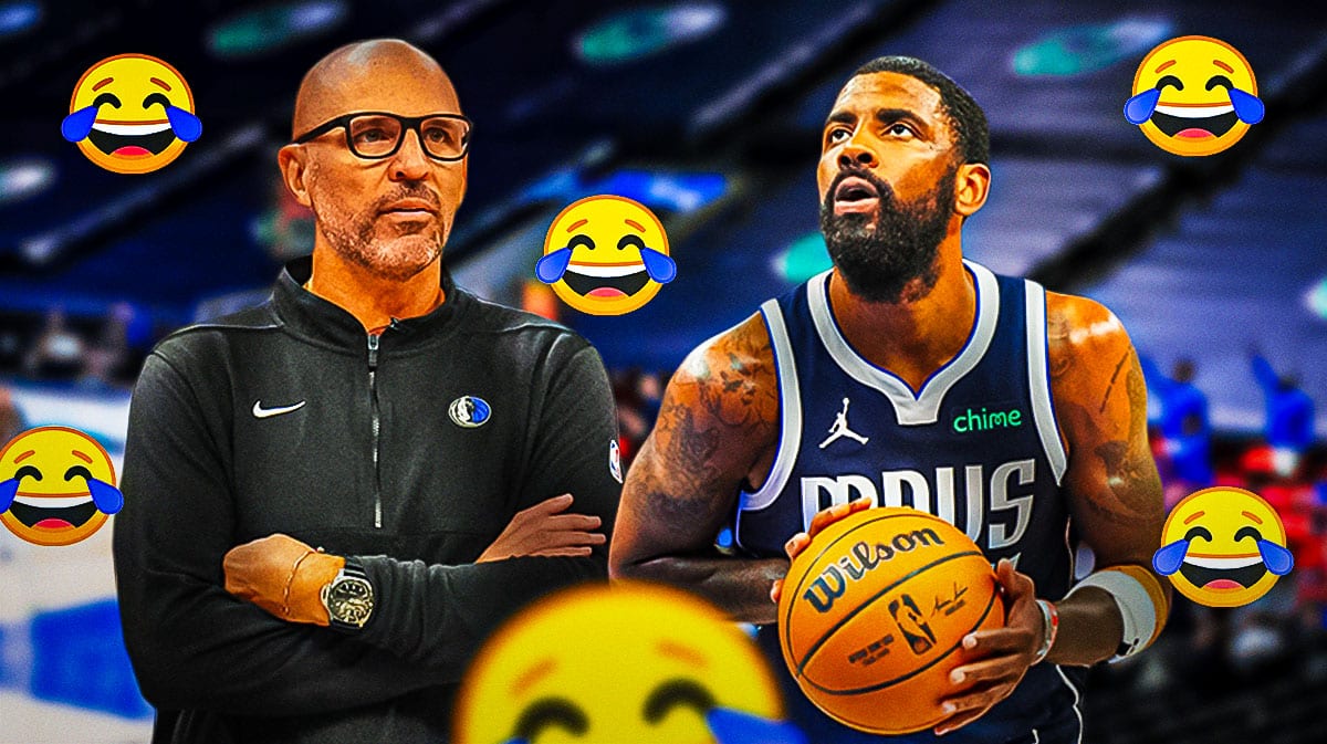 Mavericks' Jason Kidd and Mavericks' Kyrie Irving both standing together. Place the laughing emoji all over the image.