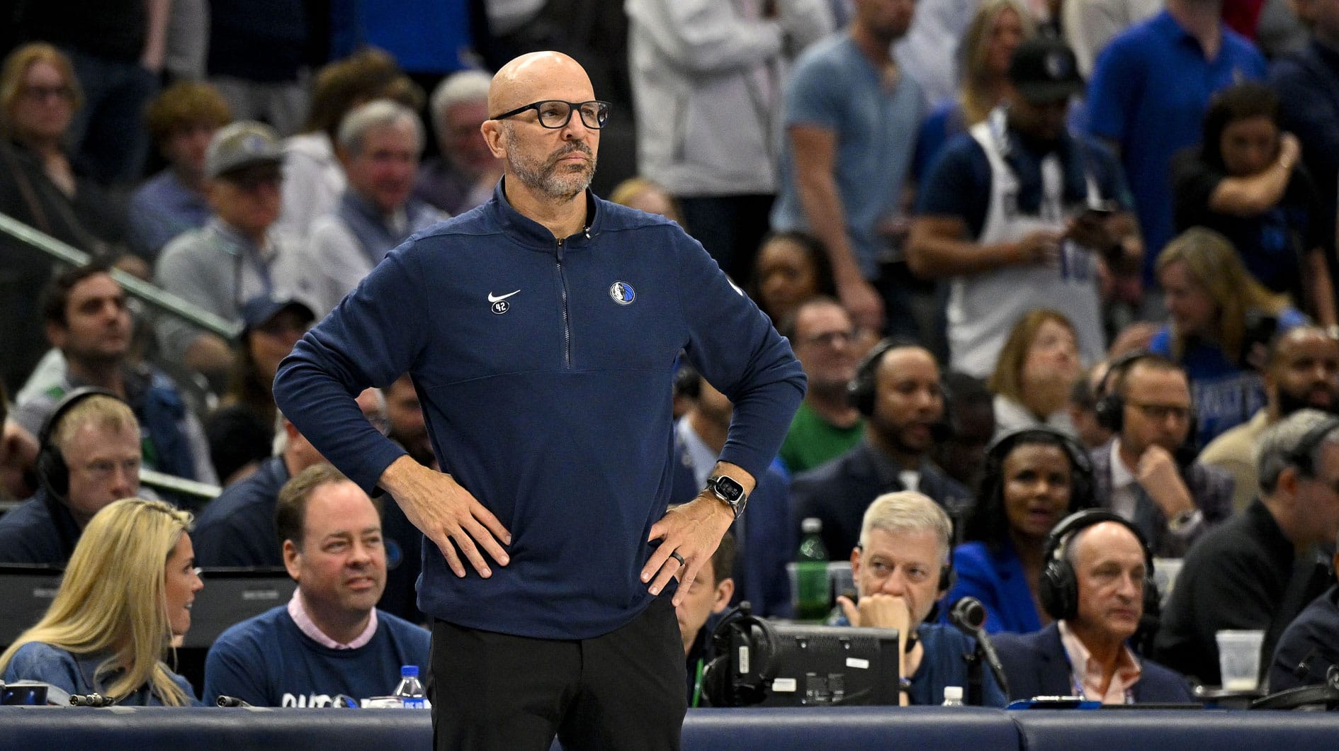 Dallas Mavericks head coach Jason Kidd looks on during the fourth quarter against the LA Clippers during game three of the first round for the 2024 NBA playoffs at the American Airlines Center.