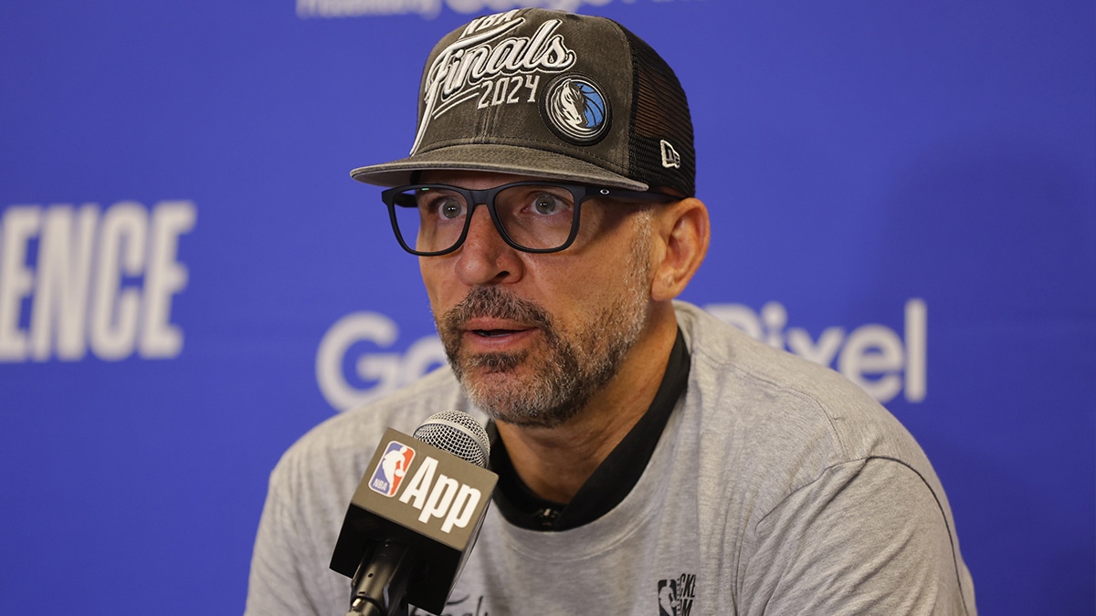 Dallas Mavericks head coach Jason Kidd at a press conference after winning the Western Conference Championship against the Minnesota Timberwolves in game five of the western conference finals for the 2024 NBA playoffs at Target Center. 