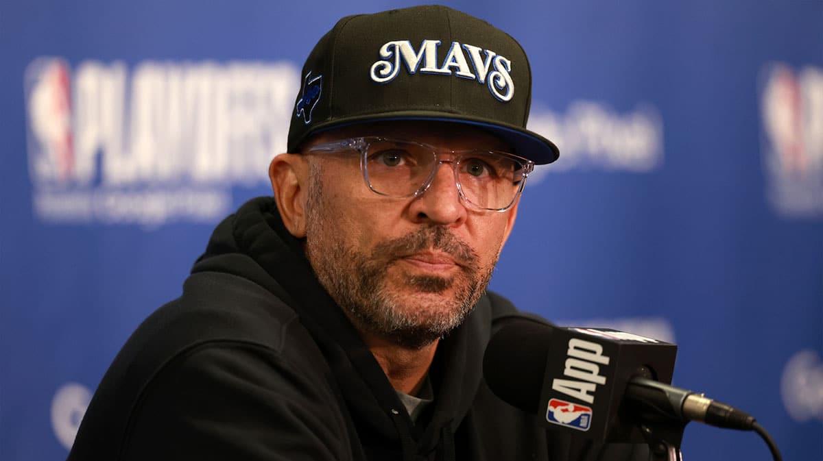 Dallas Mavericks head coach Jason Kidd speaks to media prior to the game two of the first round for the 2024 NBA playoffs against the Los Angeles Clippers at Crypto.com Arena.