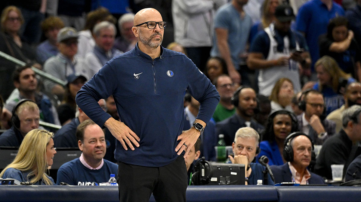Dallas Mavericks head coach Jason Kidd looks on during the fourth quarter against the LA Clippers during game three of the first round for the 2024 NBA playoffs at the American Airlines Center. 