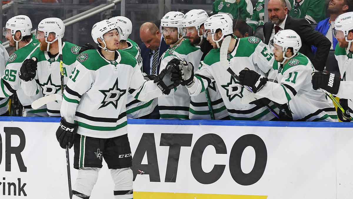 The Dallas Stars celebrate a goal by forward Jason Robertson (21), his third of the game during the third period against the Edmonton Oilers in game three of the Western Conference Final of the 2024 Stanley Cup Playoffs at Rogers Place.