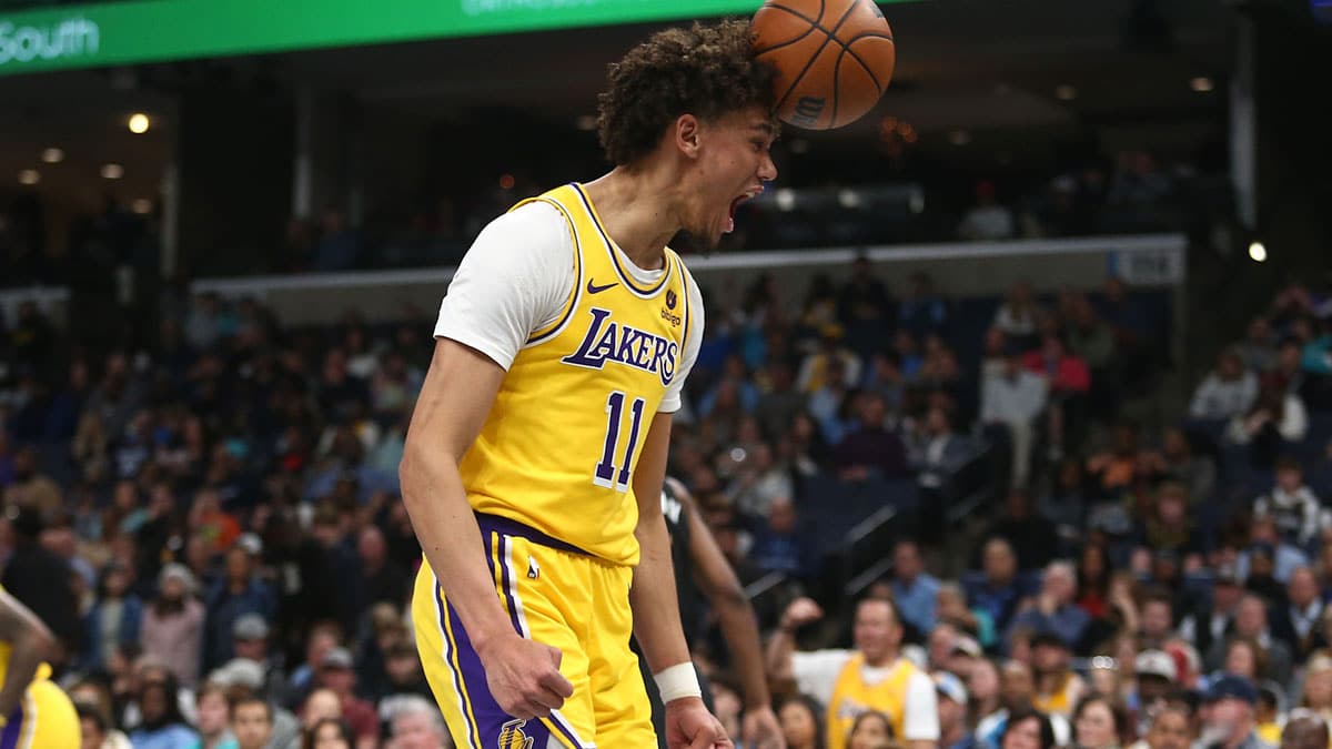 Mar 27, 2024; Memphis, Tennessee, USA; Los Angeles Lakers center Jaxson Hayes (11) reacts after a dunk during the first half against the Memphis Grizzlies at FedExForum. Mandatory Credit: Petre Thomas-USA TODAY Sports