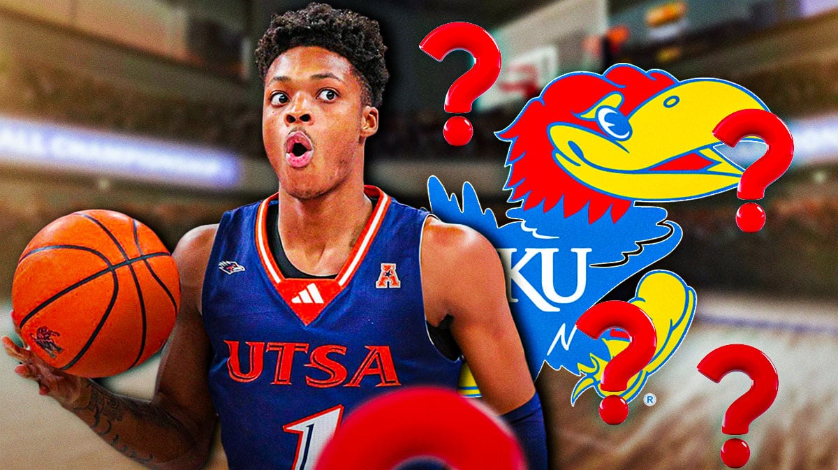 Kansas basketball logo, with a question mark, next to UTSA player Jordan Ivy-Curry.