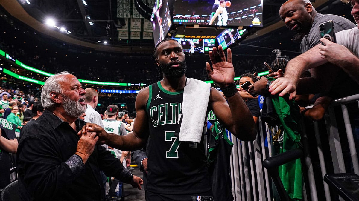 Boston Celtics guard Jaylen Brown (7) exits the court after defeating the Indiana Pacers during game two of the eastern conference finals for the 2024 NBA playoffs at TD Garden. 