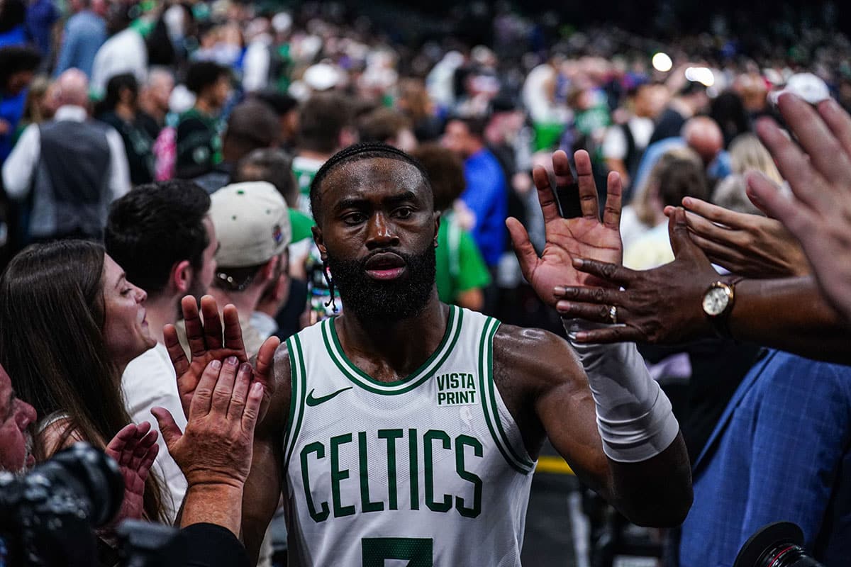 Boston Celtics guard Jaylen Brown (7) reacts after the game against the Indiana Pacers for game one of the eastern conference finals for the 2024 NBA playoffs at TD Garden. 