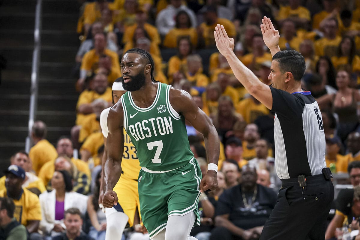 Boston Celtics guard Jaylen Brown (7) during the second quarter during game four of the eastern conference finals for the 2024 NBA playoffs at Gainbridge Fieldhouse.