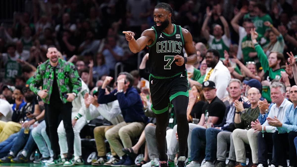Boston Celtics guard Jaylen Brown (7) reacts after a play against the Indiana Pacers in the second half during game two of the eastern conference finals for the 2024 NBA playoffs at TD Garden. 