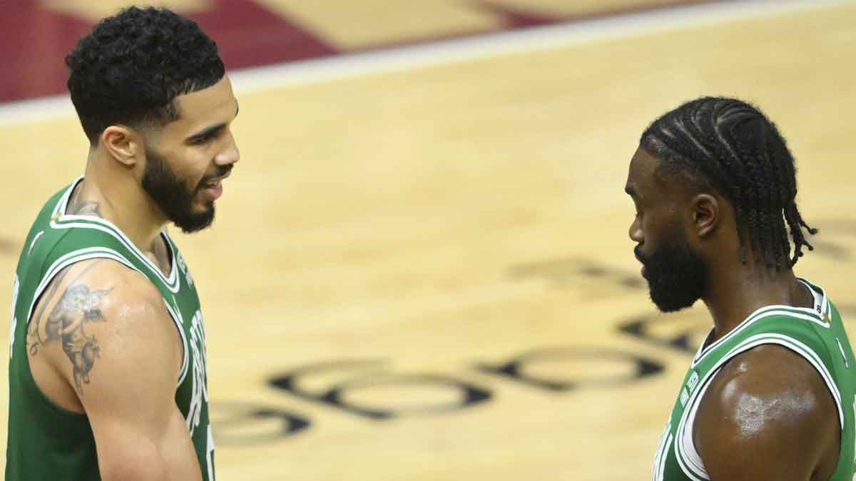 Boston Celtics forward Jayson Tatum (0) and guard Jaylen Brown (7) celebrate after a win over the Cleveland Cavaliers in game four of the second round for the 2024 NBA playoffs at Rocket Mortgage FieldHouse.