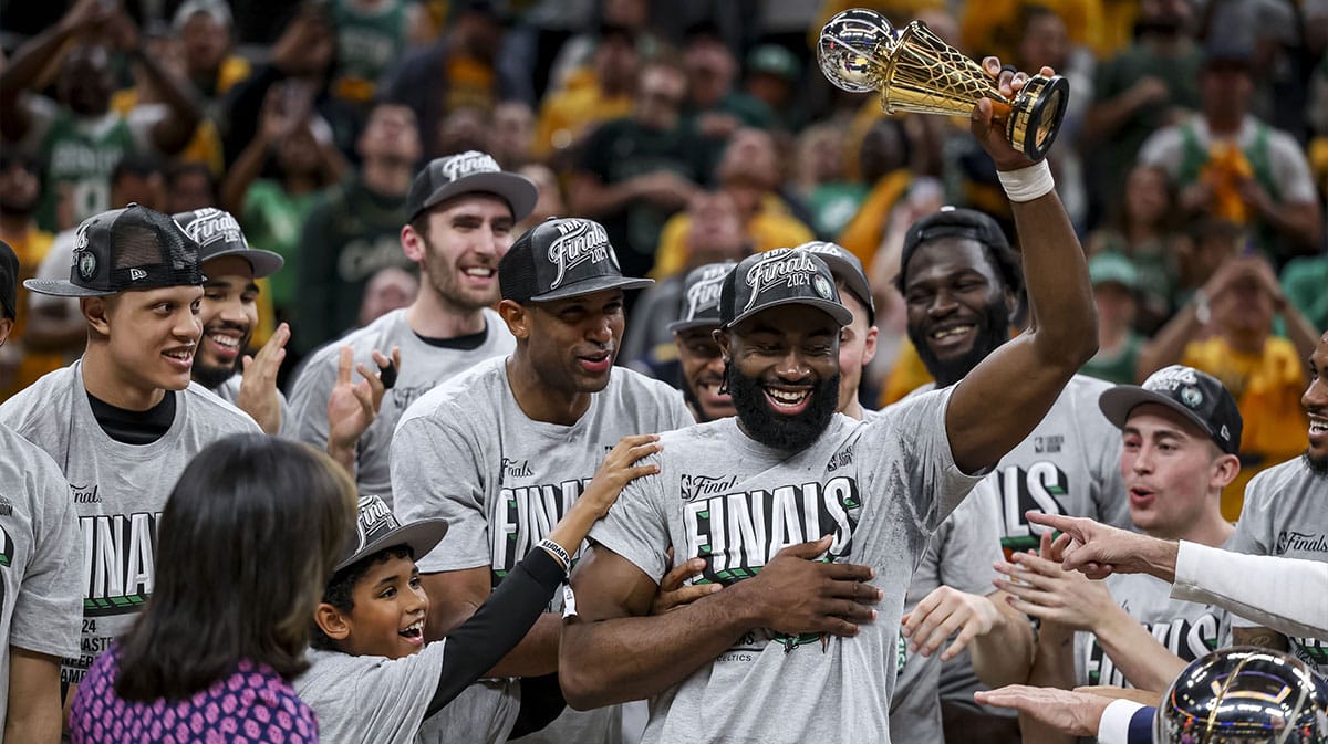The Boston Celtics celebrate their win against the Indiana Pacers game four of the eastern conference finals for the 2024 NBA playoffs at Gainbridge Fieldhouse.