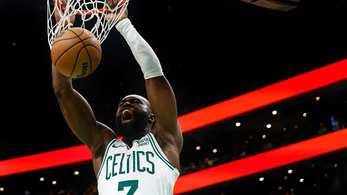 Boston Celtics guard Jaylen Brown (7) dunks against the Cleveland Cavaliers during the third quarter of game one of the second round of the 2024 NBA playoffs at TD Garden