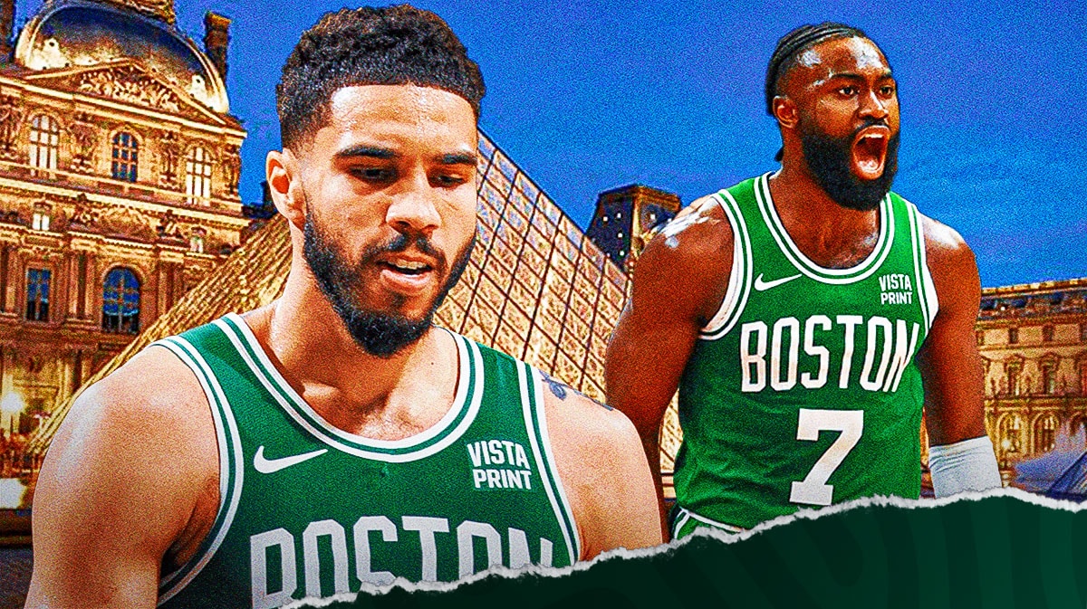 Jayson Tatum and Jaylen Brown in front of the Louvre Museum